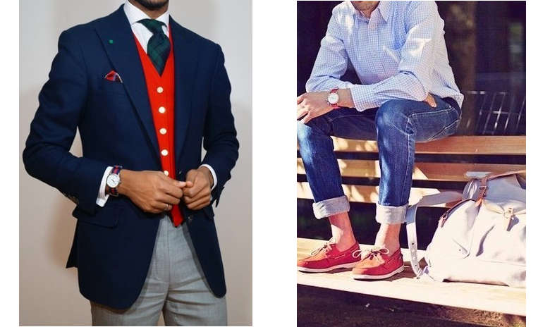 deux look homme avec une montre rouge